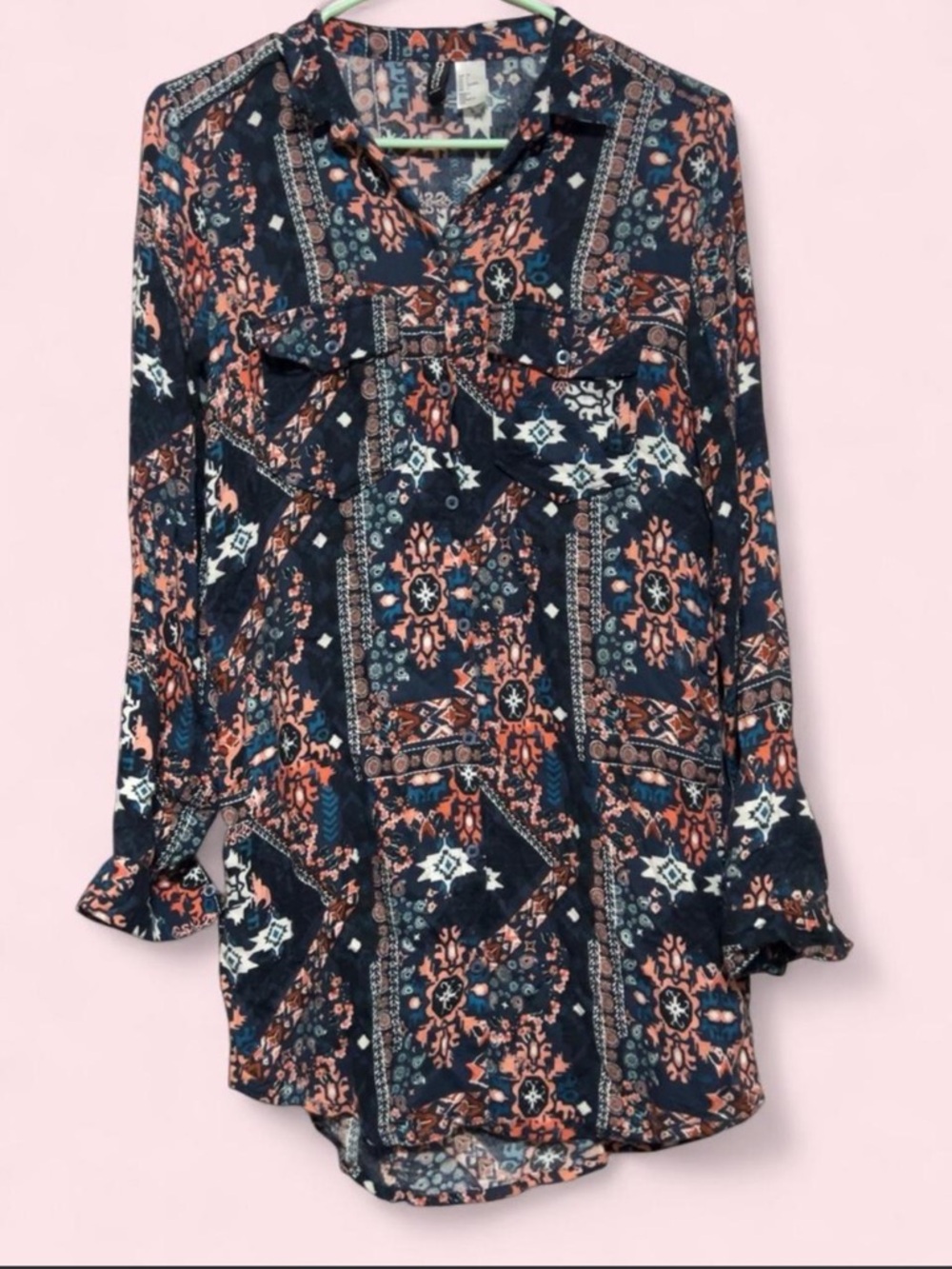 H&M Navy Tunic with Coral and White Boho Print
